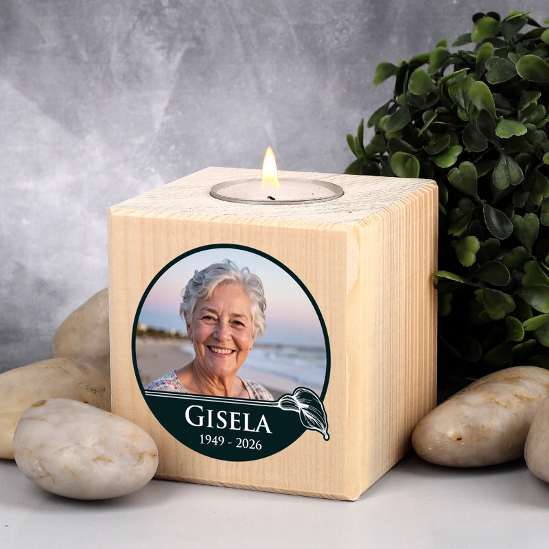 Personalisierter Teelichthalter als Trauerkerze mit Foto | Calla-Motiv