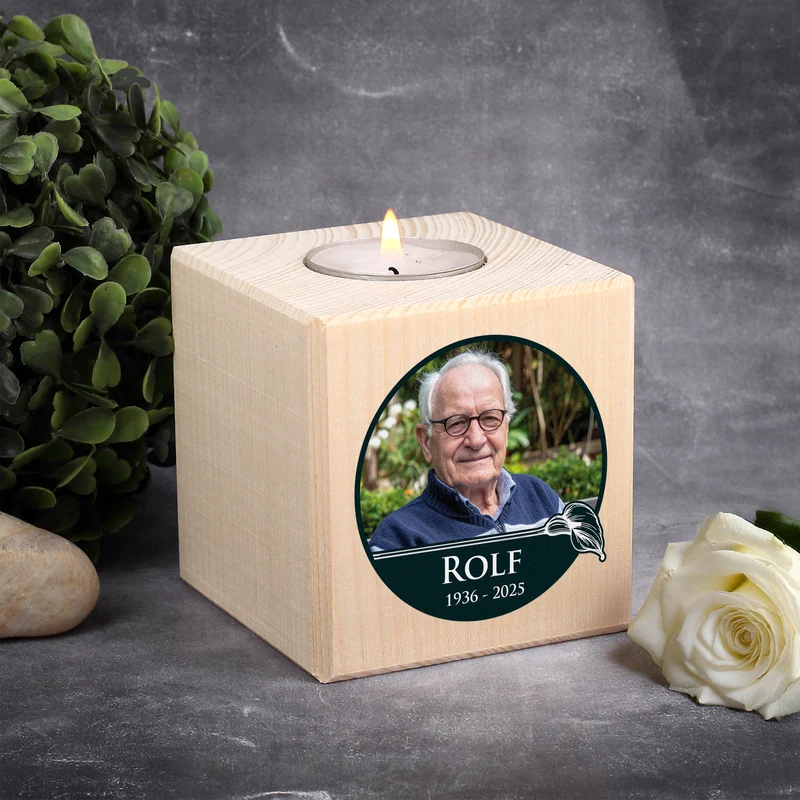 Personalisierter Teelichthalter als Trauerkerze mit Foto | Calla-Motiv