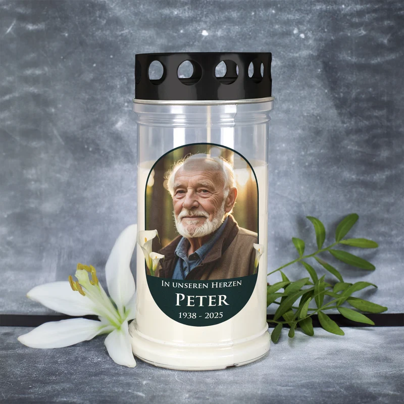 Personalisiertes Grablicht mit Foto, Wunschtext, Name & Datum | 2 Größen | Calla-Motiv