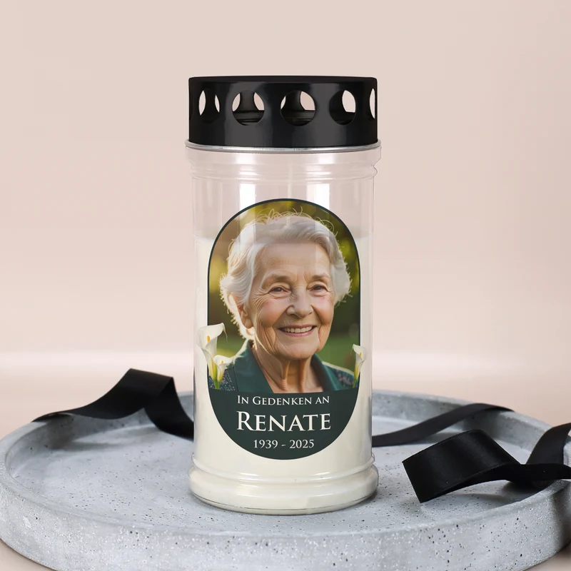 Personalisiertes Grablicht mit Foto, Wunschtext, Name & Datum | 2 Größen | Calla-Motiv