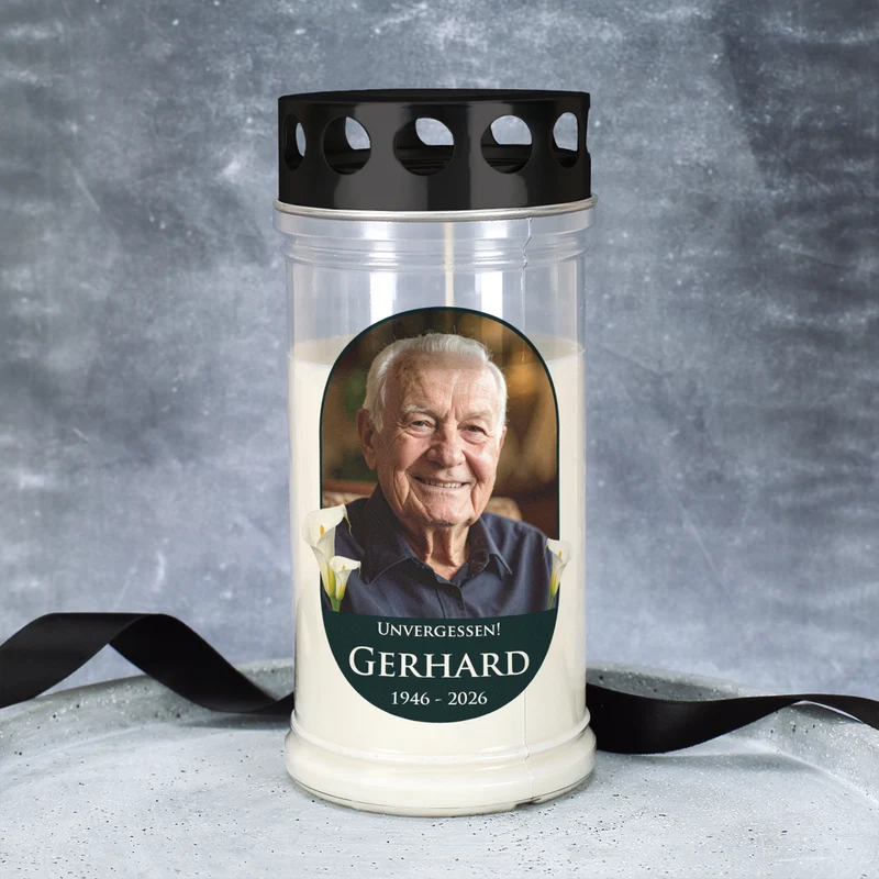 Personalisiertes Grablicht mit Foto, Wunschtext, Name & Datum | 2 Größen | Calla-Motiv