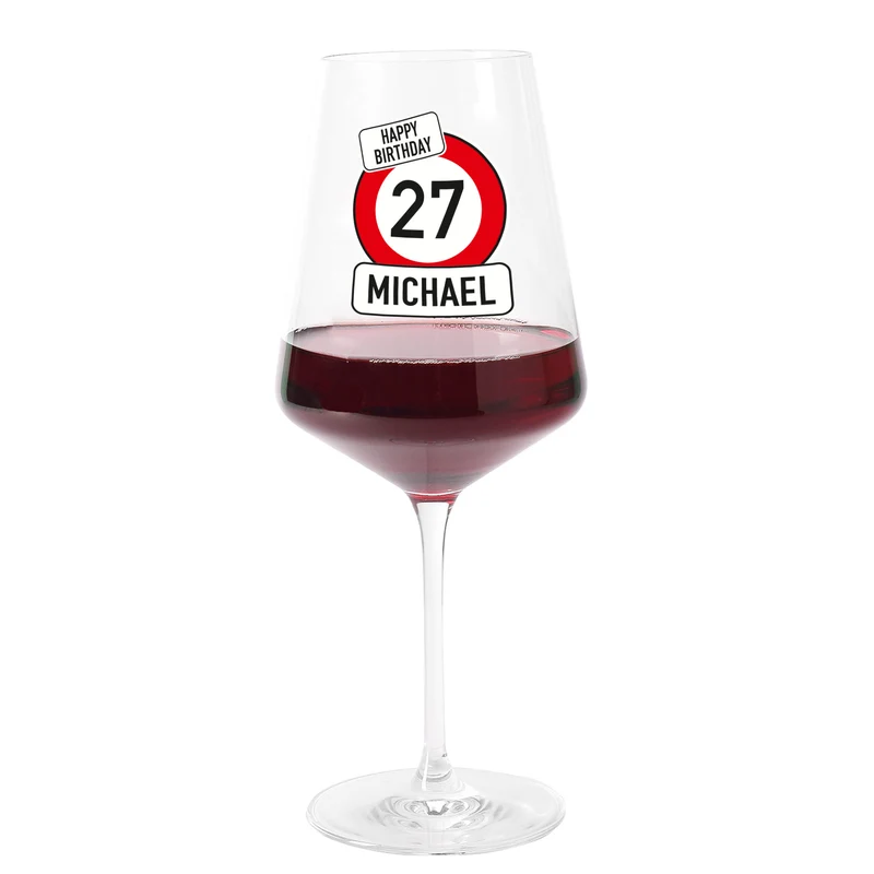 Personalisiertes Leonardo Weinglas zum Geburtstag mit Name & Alter im Verkehrszeichen-Design