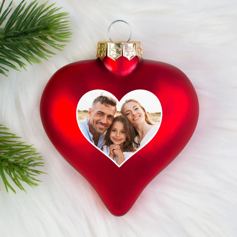 Christbaumkugel als Herz personalisiert mit Foto für Paare und Familie | Matt oder glänzend Rot