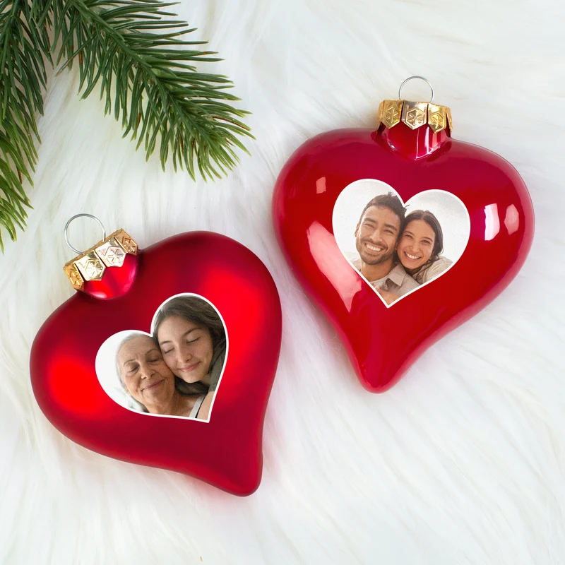Christbaumkugel als Herz personalisiert mit Foto für Paare und Familie | Matt oder glänzend Rot