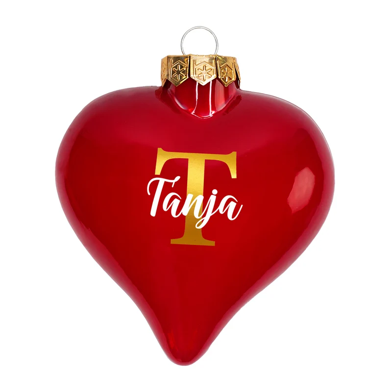 Christbaumkugel in Herzform personalisiert mit goldener Initiale und Name | Matt oder glänzend Rot