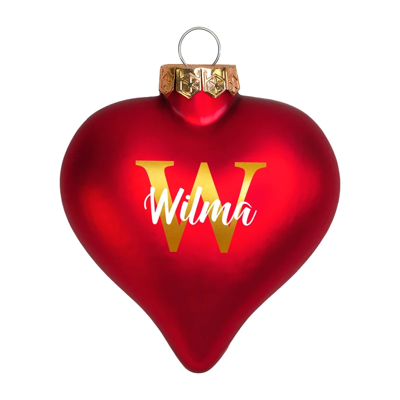 Christbaumkugel in Herzform personalisiert mit goldener Initiale und Name | Matt oder glänzend Rot