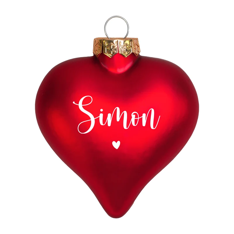 Christbaumkugel in Herzform personalisiert mit Name und Herz Motiv | Matt oder glänzend Rot