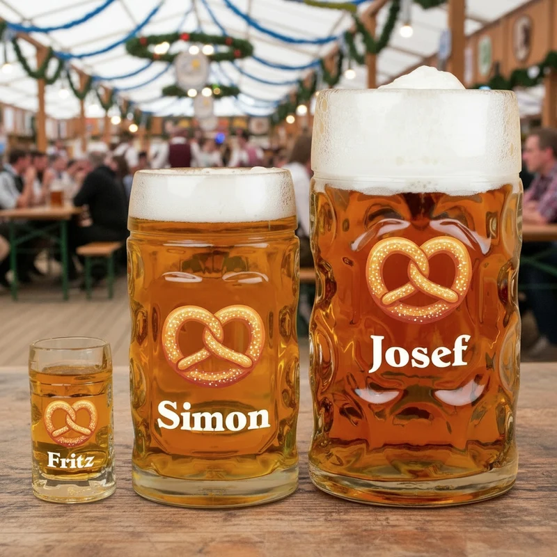 Bierseidel personalisiert mit Name und Brezel Motiv | Maßkrug 1l, Bierkrug 500ml & Schnapsglas