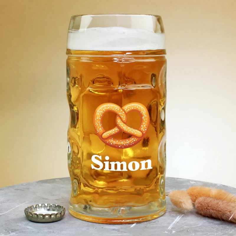 Bierseidel personalisiert mit Name und Brezel Motiv | Maßkrug 1l, Bierkrug 500ml & Schnapsglas
