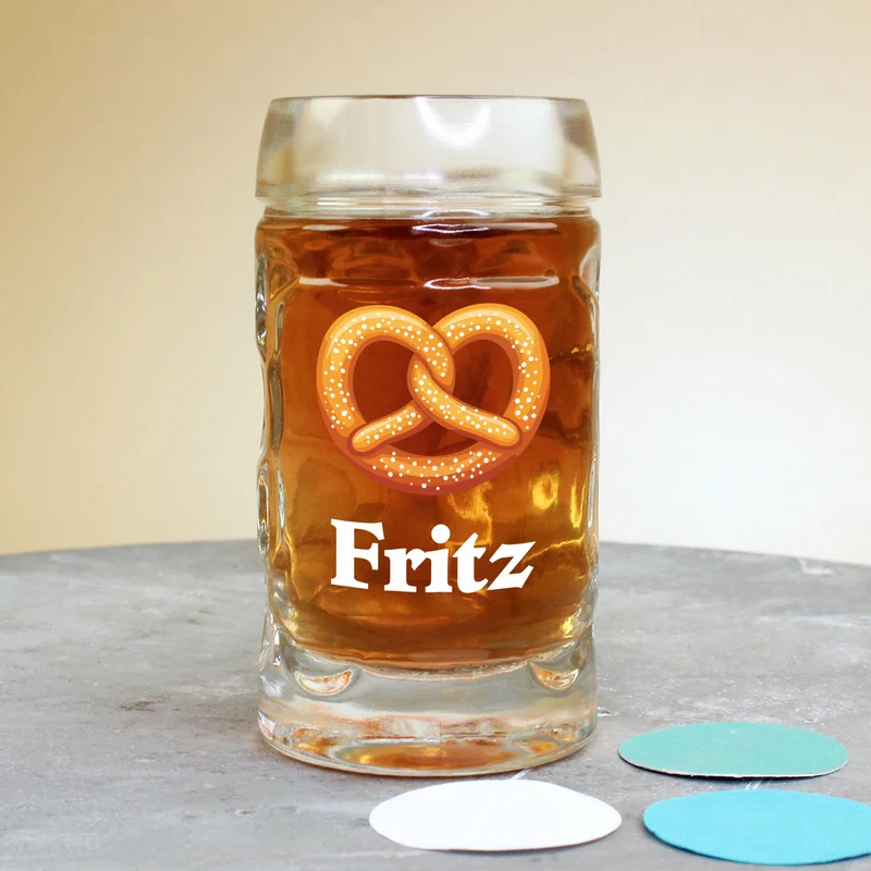 Bierseidel personalisiert mit Name und Brezel Motiv | Maßkrug 1l, Bierkrug 500ml & Schnapsglas