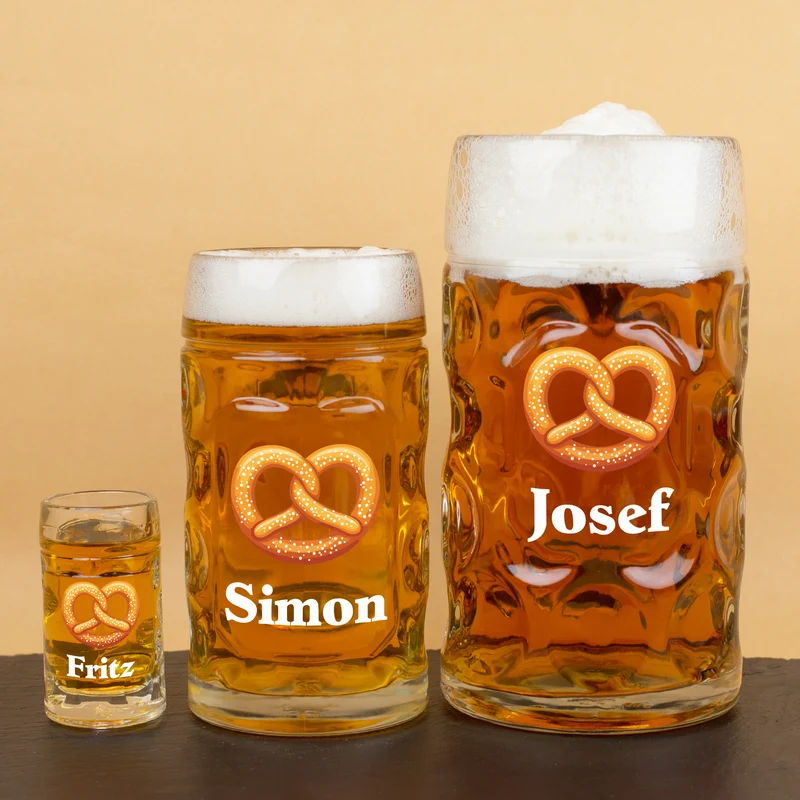 Bierseidel personalisiert mit Name und Brezel Motiv | Maßkrug 1l, Bierkrug 500ml & Schnapsglas