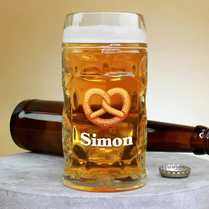 Bierseidel personalisiert mit Name und Brezel Motiv | Maßkrug 1l, Bierkrug 500ml & Schnapsglas
