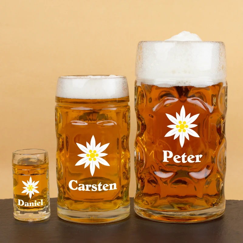 Personalisierter Bierseidel mit Name und Edelweiß Motiv | Maßkrug 1l, Bierkrug 500ml & Schnapsglas