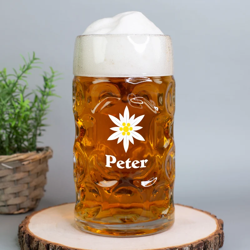 Personalisierter Bierseidel mit Name und Edelweiß Motiv | Maßkrug 1l, Bierkrug 500ml & Schnapsglas