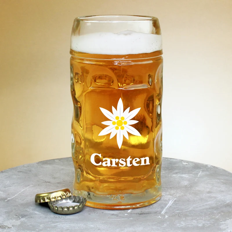 Personalisierter Bierseidel mit Name und Edelweiß Motiv | Maßkrug 1l, Bierkrug 500ml & Schnapsglas