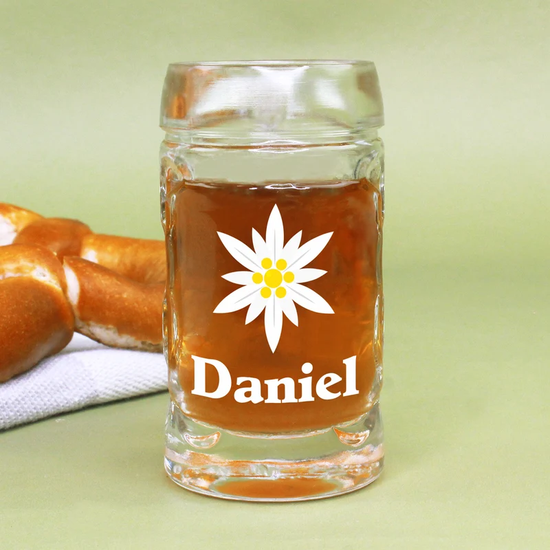 Personalisierter Bierseidel mit Name und Edelweiß Motiv | Maßkrug 1l, Bierkrug 500ml & Schnapsglas
