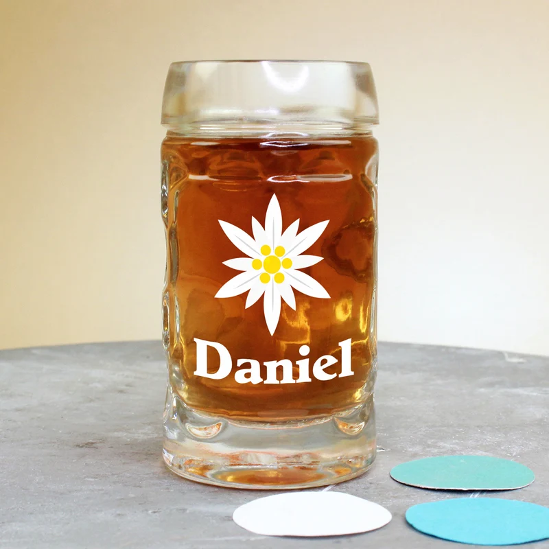 Personalisierter Bierseidel mit Name und Edelweiß Motiv | Maßkrug 1l, Bierkrug 500ml & Schnapsglas