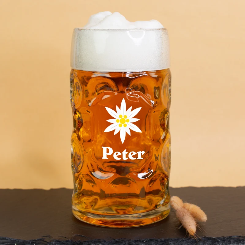 Personalisierter Bierseidel mit Name und Edelweiß Motiv | Maßkrug 1l, Bierkrug 500ml & Schnapsglas