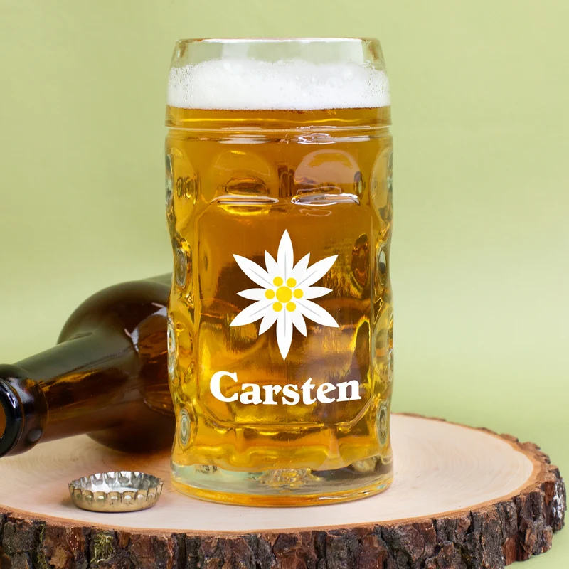 Personalisierter Bierseidel mit Name und Edelweiß Motiv | Maßkrug 1l, Bierkrug 500ml & Schnapsglas