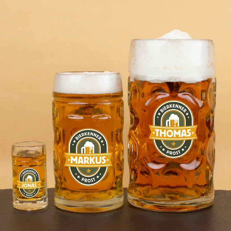 Personalisierter Bierseidel für Bierkenner mit Name | Bierkrug & Schnapsglas in 3 Größen