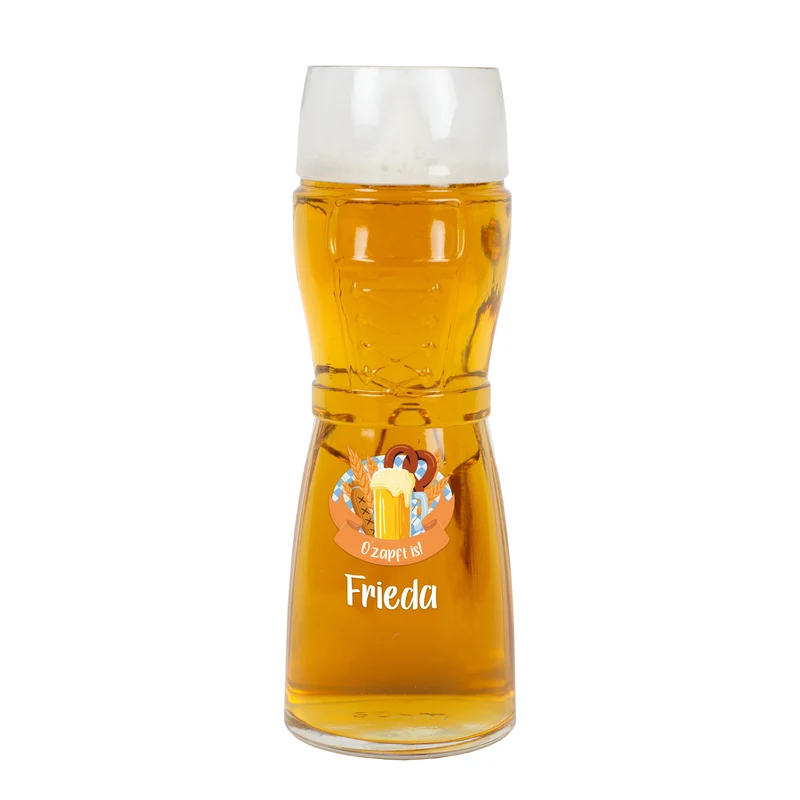Personalisiertes Bierglas im Design einer Lederhose oder Dirndl mit Name und bayerischem Festmotiv