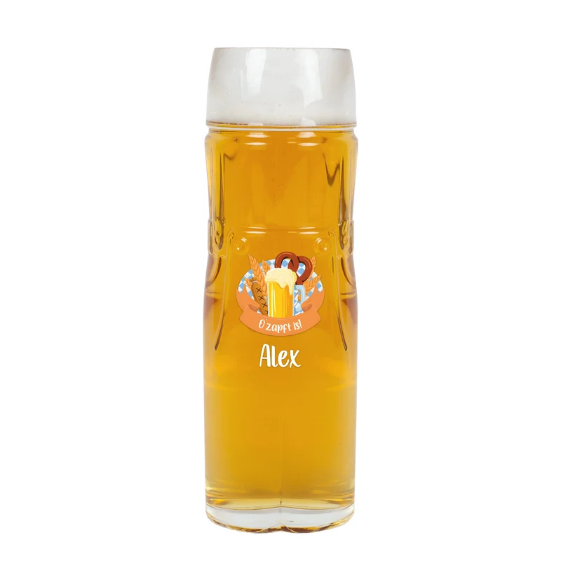 Personalisiertes Bierglas im Design einer Lederhose oder Dirndl mit Name und bayerischem Festmotiv