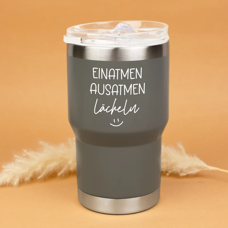 Thermobecher mit Spruch - Einatmen Ausatmen Lächeln | Coffee to Go & Reise Becher als Geschenk