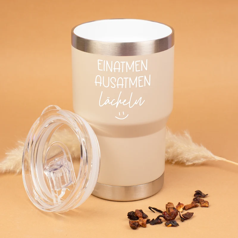Thermobecher mit Spruch - Einatmen Ausatmen Lächeln | Coffee to Go & Reise Becher als Geschenk