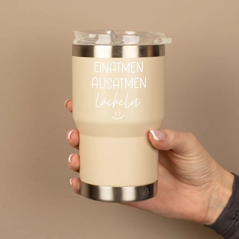 Thermobecher mit Spruch - Einatmen Ausatmen Lächeln | Coffee to Go & Reise Becher als Geschenk