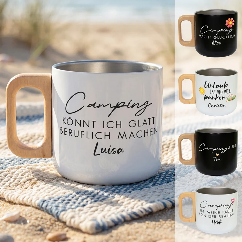 Edelstahl Becher mit Holzgriff für Camping & Outdoor personalisiert mit Name und Spruch | 400 ml Tasse