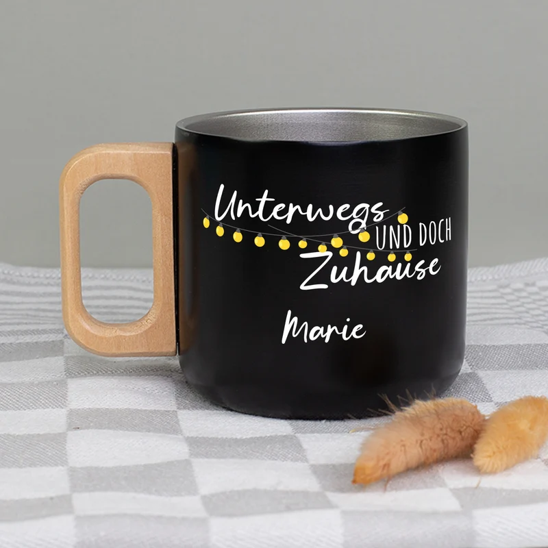 Edelstahl Becher mit Holzgriff für Camping & Outdoor personalisiert mit Name und Spruch | 400 ml Tasse