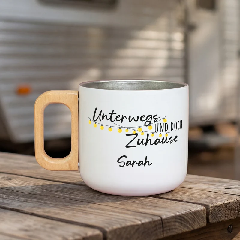Edelstahl Becher mit Holzgriff für Camping & Outdoor personalisiert mit Name und Spruch | 400 ml Tasse