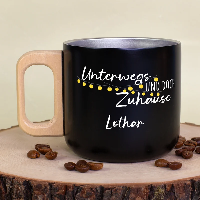 Edelstahl Becher mit Holzgriff für Camping & Outdoor personalisiert mit Name und Spruch | 400 ml Tasse