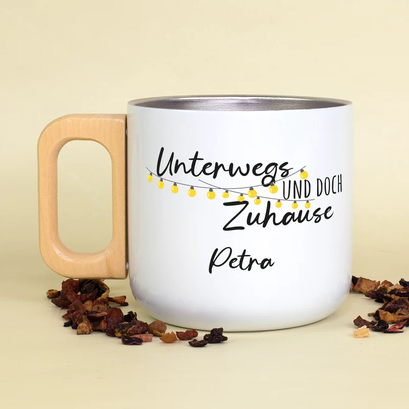 Edelstahl Becher mit Holzgriff für Camping & Outdoor personalisiert mit Name und Spruch | 400 ml Tasse