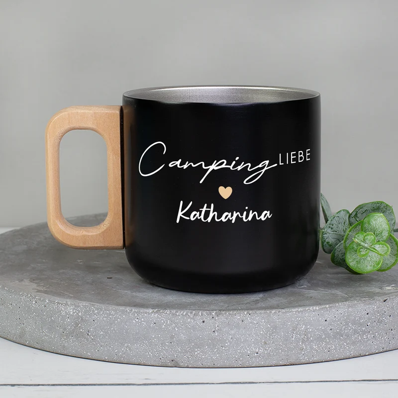 Edelstahl Becher mit Holzgriff für Camping & Outdoor personalisiert mit Name und Spruch | 400 ml Tasse