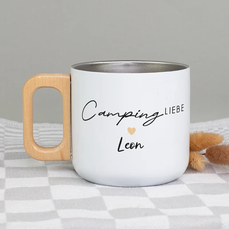 Edelstahl Becher mit Holzgriff für Camping & Outdoor personalisiert mit Name und Spruch | 400 ml Tasse