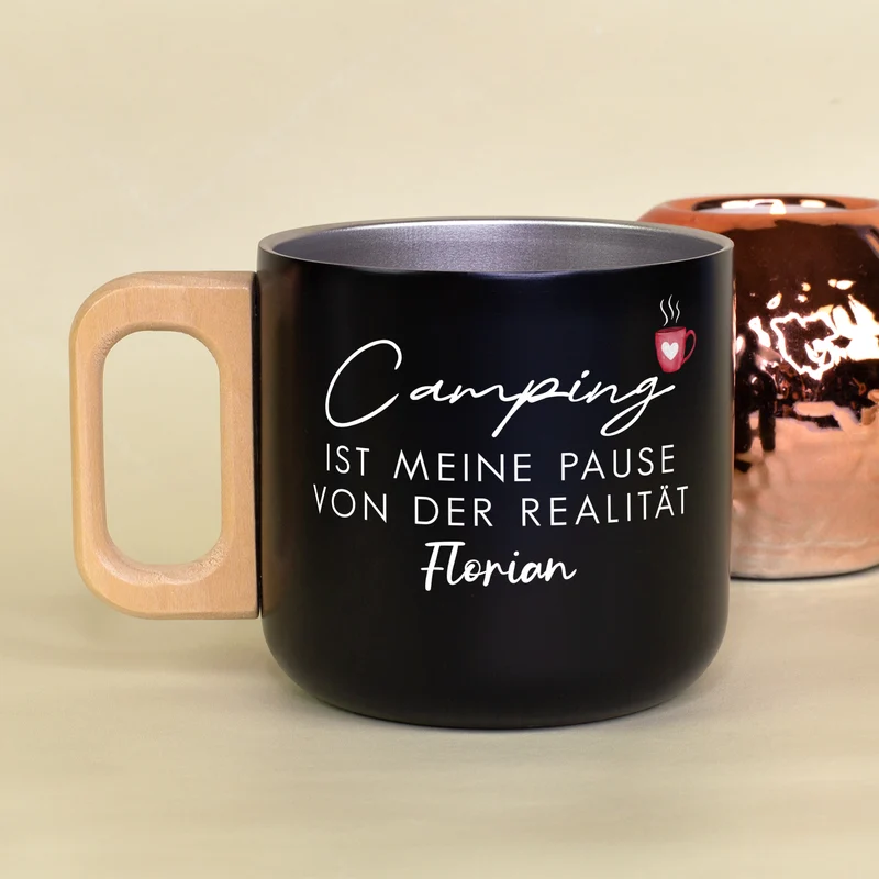 Edelstahl Becher mit Holzgriff für Camping & Outdoor personalisiert mit Name und Spruch | 400 ml Tasse