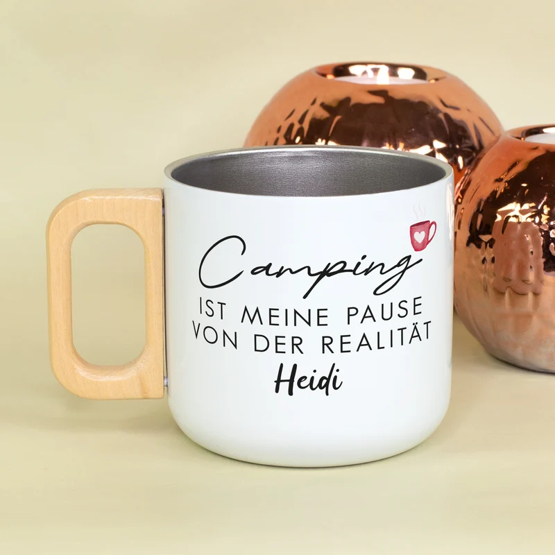 Edelstahl Becher mit Holzgriff für Camping & Outdoor personalisiert mit Name und Spruch | 400 ml Tasse