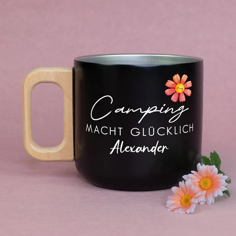 Edelstahl Becher mit Holzgriff für Camping & Outdoor personalisiert mit Name und Spruch | 400 ml Tasse