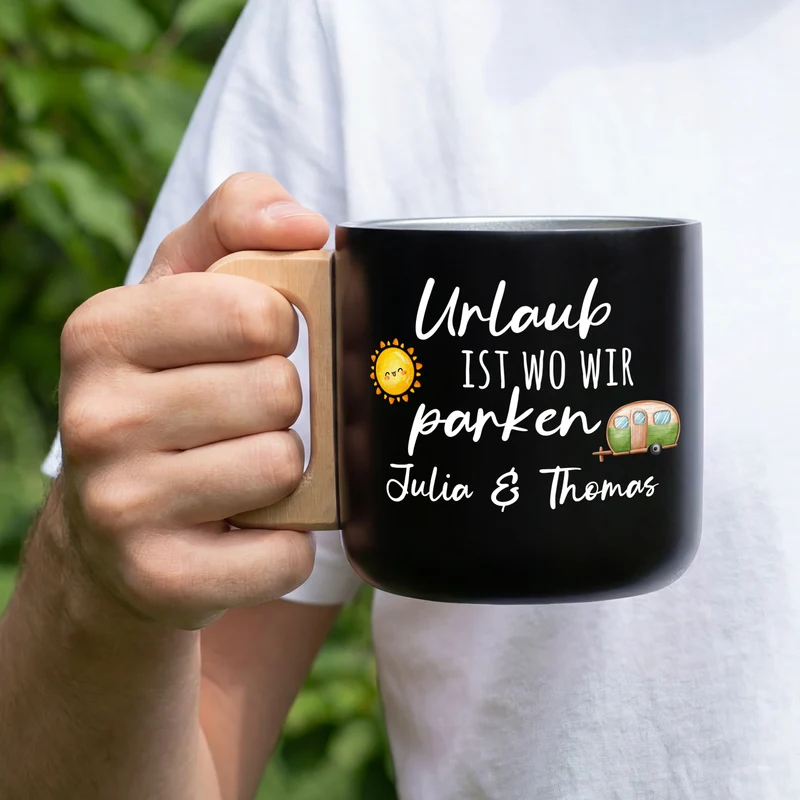 Edelstahl Becher mit Holzgriff für Camping & Outdoor personalisiert mit Name und Spruch | 400 ml Tasse