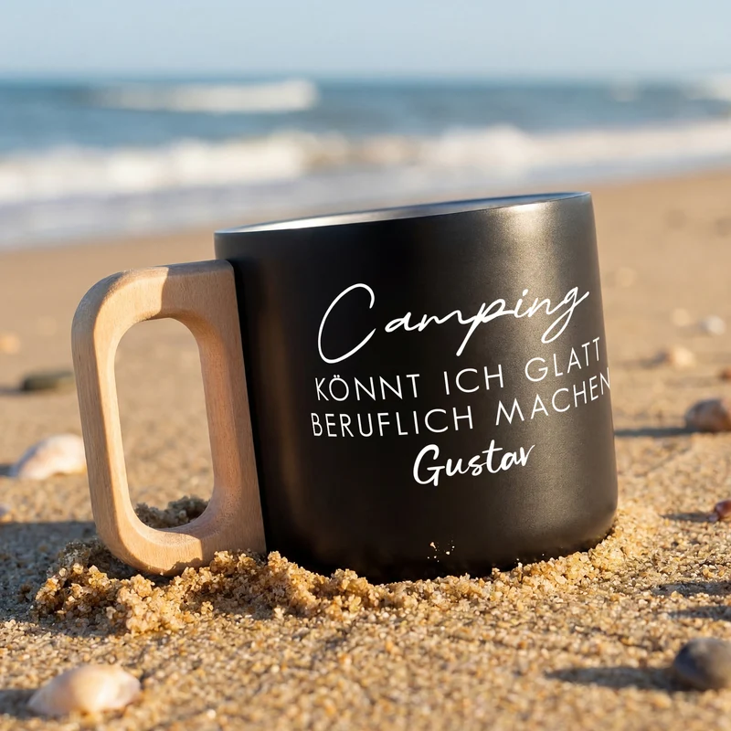 Edelstahl Becher mit Holzgriff für Camping & Outdoor personalisiert mit Name und Spruch | 400 ml Tasse