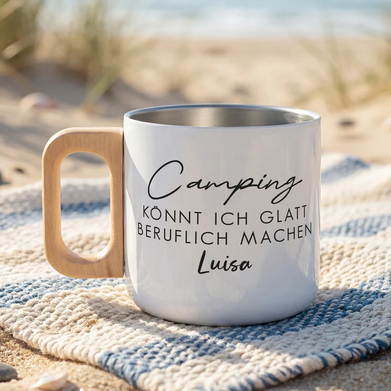 Edelstahl Becher mit Holzgriff für Camping & Outdoor personalisiert mit Name und Spruch | 400 ml Tasse