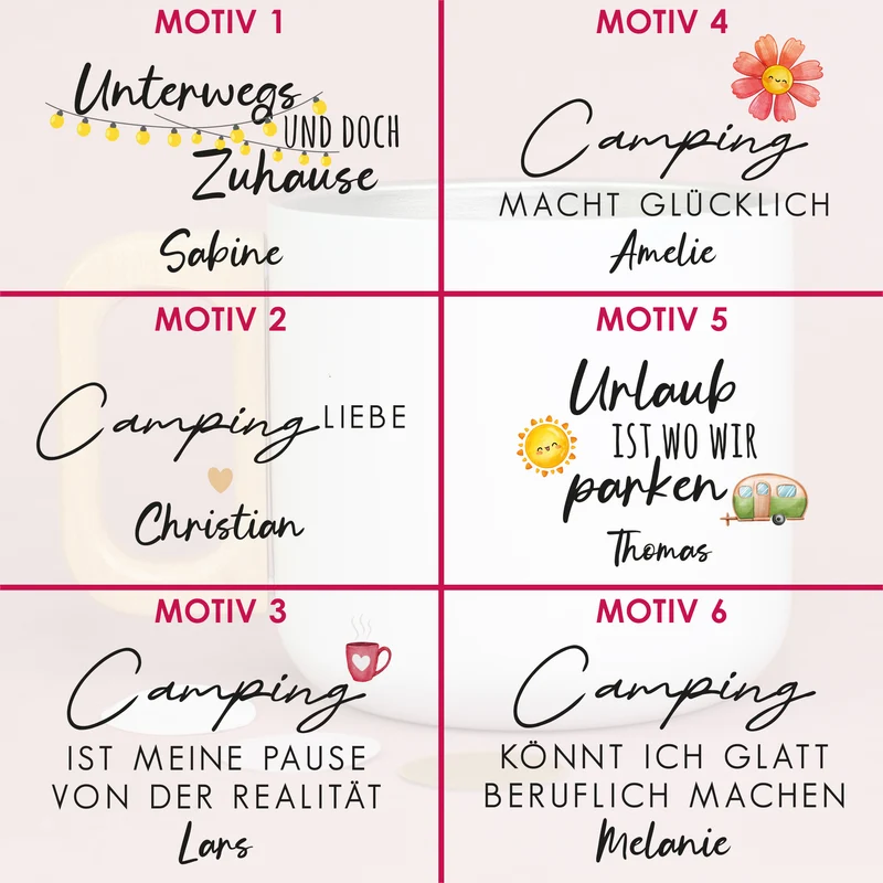 Edelstahl Becher mit Holzgriff für Camping & Outdoor personalisiert mit Name und Spruch | 400 ml Tasse