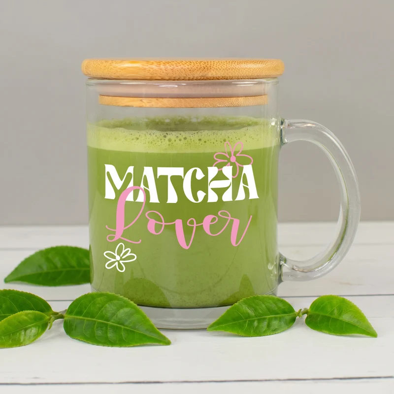 Glas Tasse 'Matcha Lover' mit Bambus Holz Deckel | Matcha Tasse als Geschenkidee