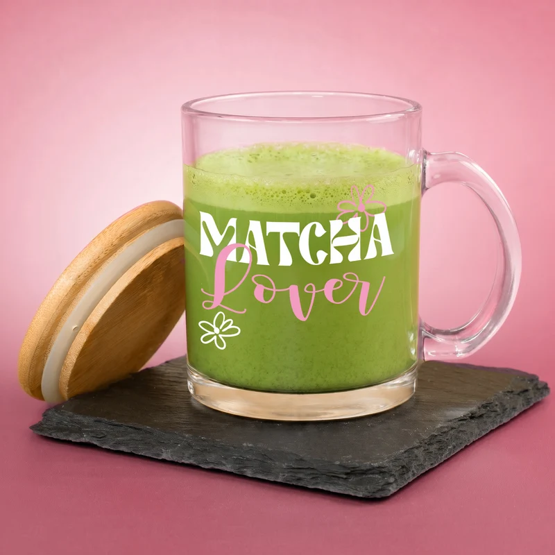 Glas Tasse 'Matcha Lover' mit Bambus Holz Deckel | Matcha Tasse als Geschenkidee