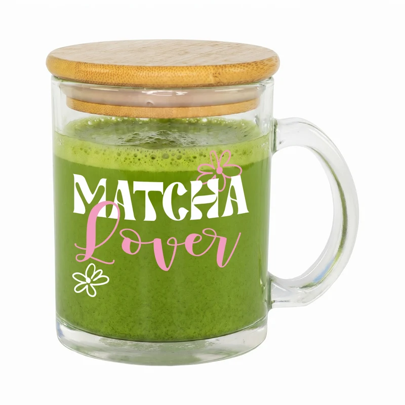 Glas Tasse 'Matcha Lover' mit Bambus Holz Deckel | Matcha Tasse als Geschenkidee