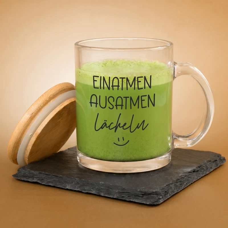Teeglas 'Einatmen, Ausatmen, Lächeln' | Tasse aus Glas mit Holz Deckel als Geschenkidee