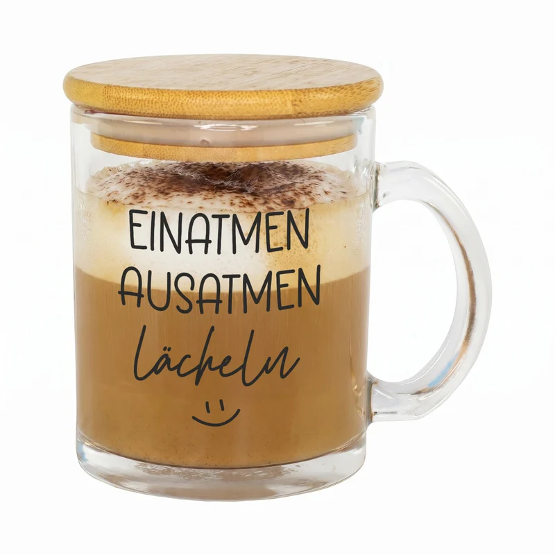 Teeglas 'Einatmen, Ausatmen, Lächeln' | Tasse aus Glas mit Holz Deckel als Geschenkidee