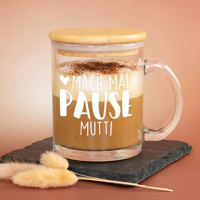Teeglas mit Holz Deckel personalisiert mit Name | Glas Tasse 'Pause' als Geschenkidee