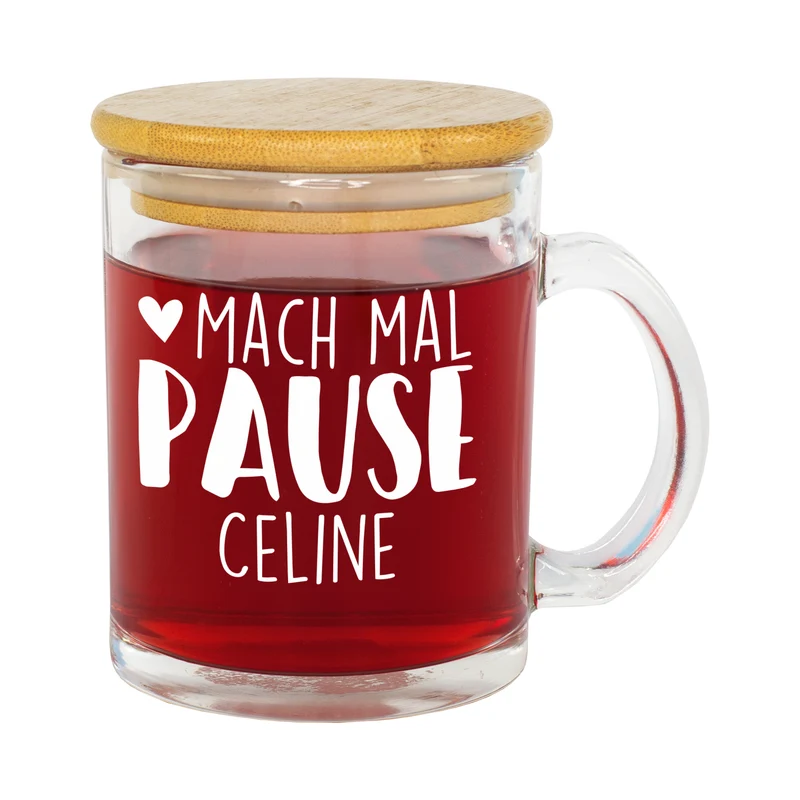 Teeglas mit Holz Deckel personalisiert mit Name | Glas Tasse 'Pause' als Geschenkidee